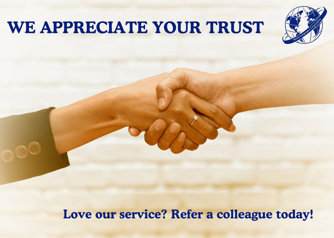 We LOVE Your Referrals Earn 10,000 Multi-Languages Points when an organization that you have referred to us becomes a client! Our Referral Program is open to any colleagues or friends of our Multi